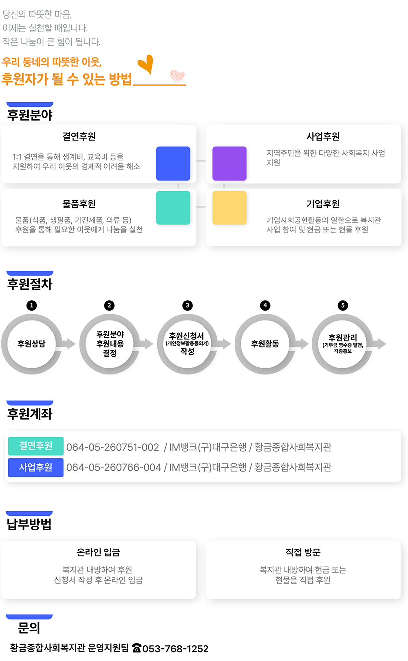  결연후원 : 064-05-260751-002 / 대구은행 / 황금종합사회복지관 ,
 사업후원 : 064-05-260766-004 / 대구은행 / 황금종합사회복지관
